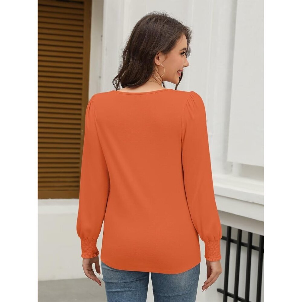 Womens Long Sleeve Henley Blouse Smocked Puff Sleeve Casual Top - Picture 4 of 6